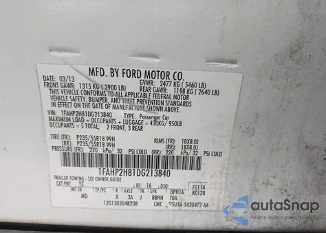 2013 Ford Taurus Sel из США, поврежденный, VIN 1FAHP2H81DG213840